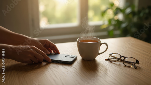 Mindful digital detox person placing smartphone face down beside tea mug on wooden table for mindfulness practice