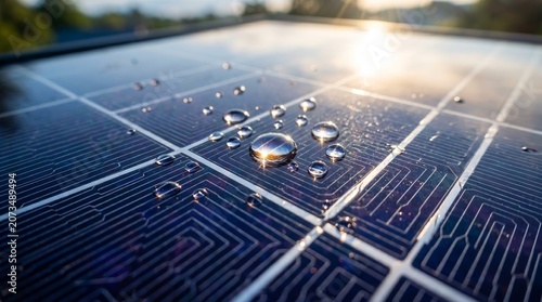 Close up of solar panel texture with water drops reflecting sunlight showcasing renewable energy technology
