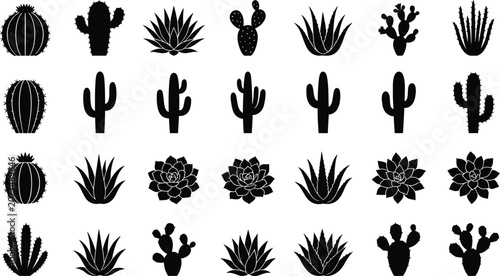 Black and white of various plants and leaves, isolated on white background, botanical