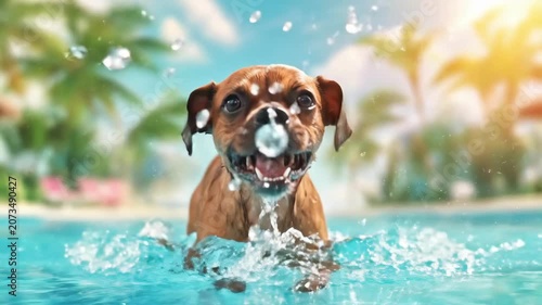 An energetic dog running and splashing water in a swimming pool. A happy pet enjoying a hot summer day at a tropical resort. Wet animal playing outdoors.