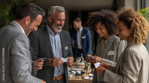 Business professionals networking and exchanging business cards at a corporate mixer


