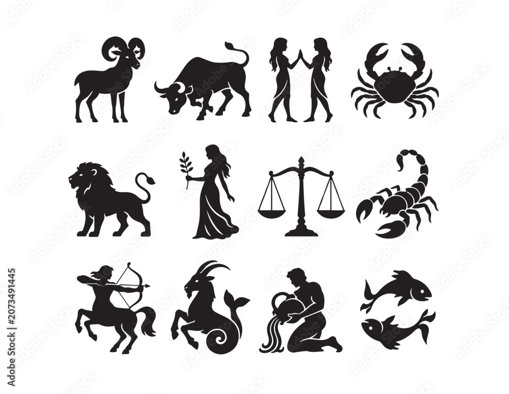Fototapeta premium Twelve black zodiac sign vector icons, astrological symbols for horoscopes and fortune telling, celestial mythology illustrations for spiritual and mystical designs.