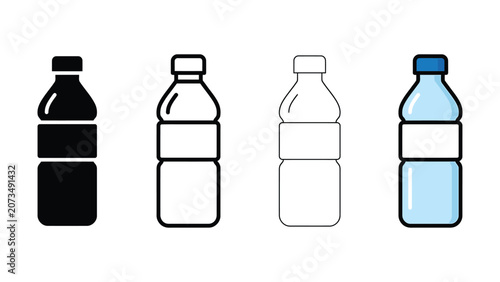 Foto Four different colored plastic bottles with labels on white background