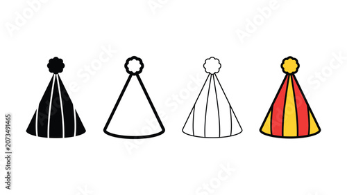 Photos Four different colored party hats with pom poms on white background