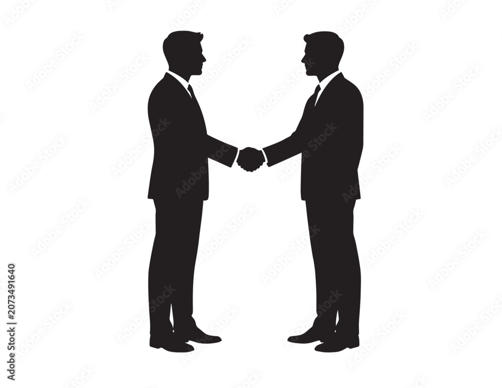 Fototapeta premium Professional business handshake, two men in suits shaking hands, a symbol of agreement and partnership, black silhouette vector illustration for corporate deals and successful collaborations.