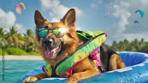 Close up of a happy german shepherd dog wearing sunglasses and life vest enjoying summer vacation on the beach. Concept of pet travel and outdoor leisure activities for animal.