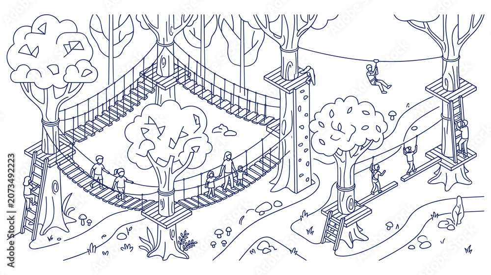 Fototapeta premium People walking on ropes course in forest isometric view.