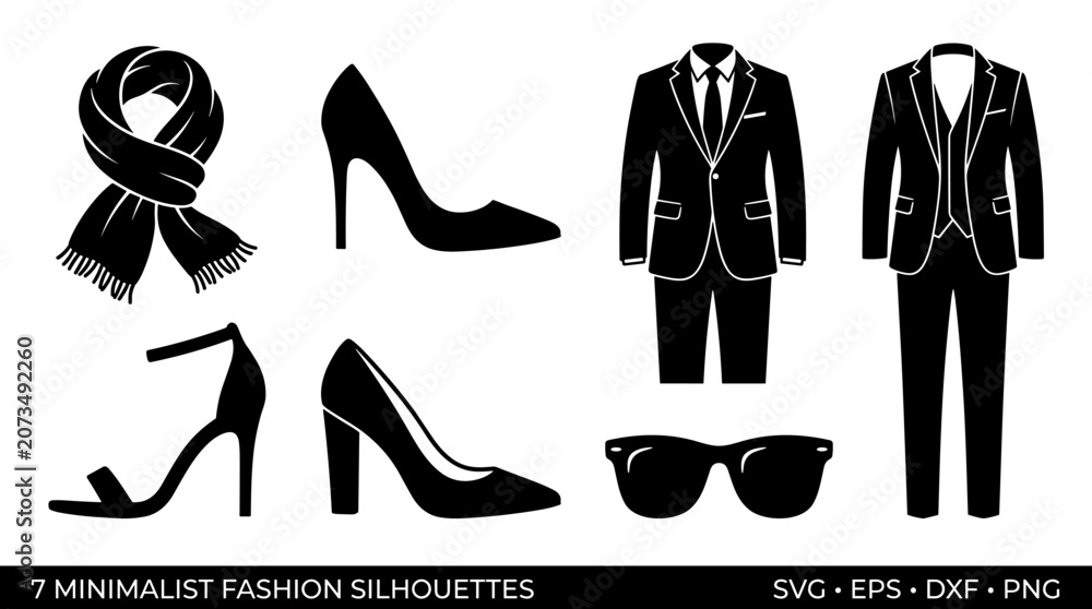 Obraz premium Collection of minimalist black fashion silhouettes including a scarf, high heels, suits, and sunglasses