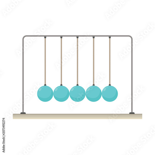 Newton's Cradle with Turquoise Spheres and Ropes on Metal Frame, Physics Pendulum Vector Illustration