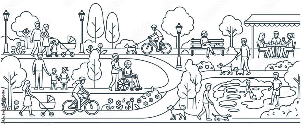 Obraz premium People enjoying activities in a city park panorama.