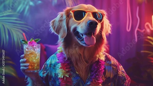 Golden retriever dog in sunglasses and hawaiian shirt holding tropical cocktail. Summer vacation party concept or humorous internet meme use.
