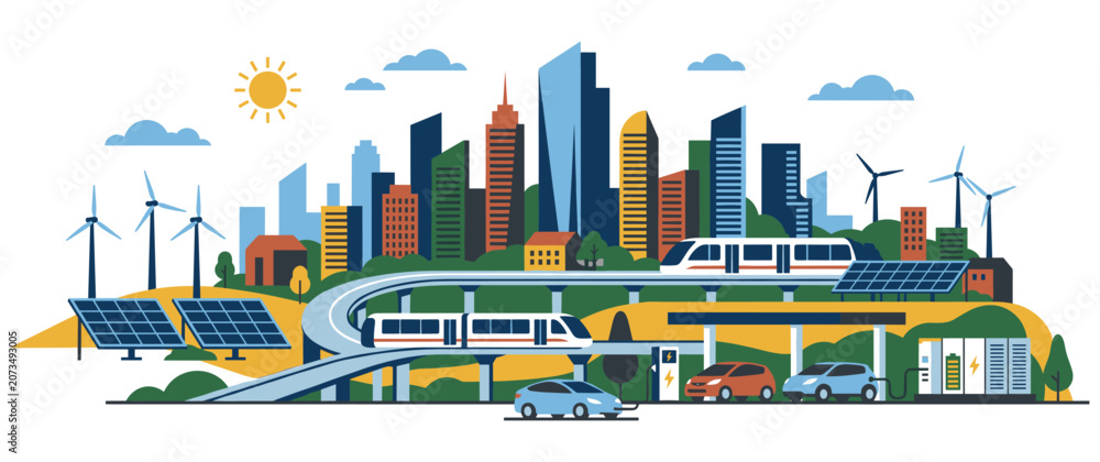 Obraz premium Sustainable city with renewable energy and electric cars.
