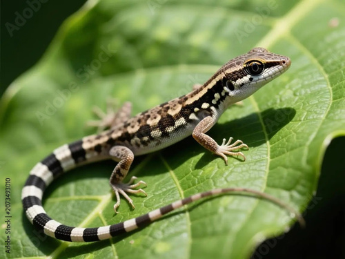 Small Gecko with Patterned Skin Rests on a Vibrant Green Leaf in Soft Light