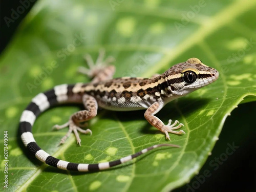 Small Gecko with Patterned Skin Rests on a Vibrant Green Leaf in Soft Light