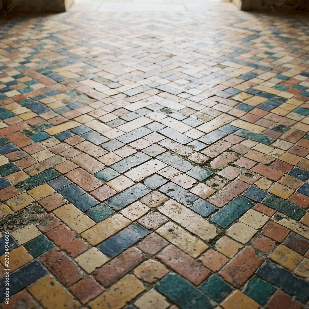 Fototapeta premium Close up of old colorful herringbone tile floor with mosaic pattern and weathered ceramic texture