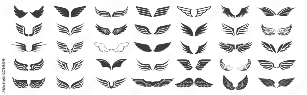 Naklejka premium Set of black wing icons in various styles. Collection of wing symbols and badges.