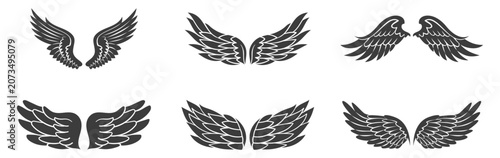 Canvastavla Set of black feather wing icons in various stylized shapes and forms