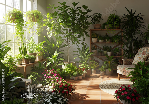 Abundant indoor garden with lush green plants bathed in soft sunlight and a small water feature