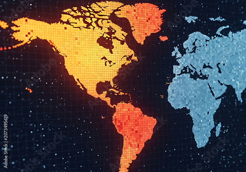 Digital world map with glowing pixels, global network connection on dark grid background, futuristic earth map for technology and business concepts