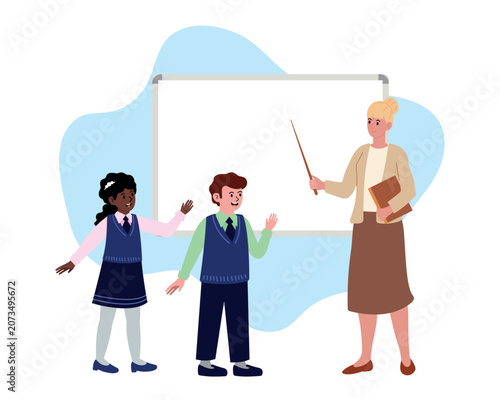 Teacher with pointer and children near whiteboard. Elementary school students in vests. For classroom, education, school lesson.