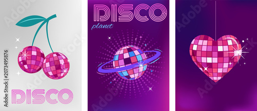 Bild auf Leinwand Vintage vertical posters with cherries, heart and ringed planet shiny disco balls