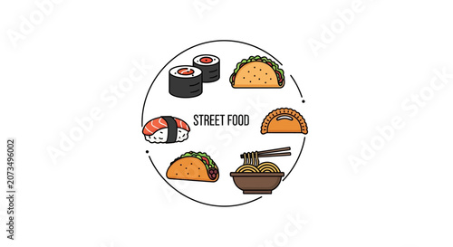 A circular collection of various global snacks and meals shown