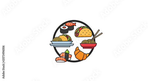 A circular icon featuring various international food items displayed together