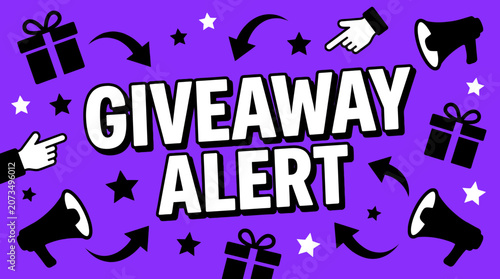 Cuadro en lienzo A vibrant purple graphic announces a giveaway alert with megaphones, gifts, and stars