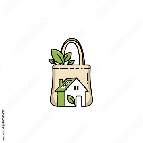 A simple illustration of a reusable bag with a green home icon