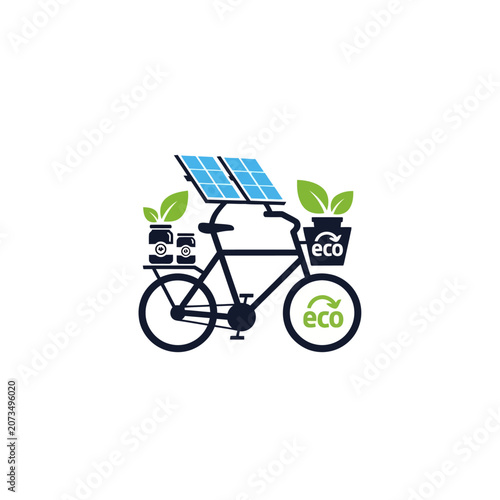 A bicycle illustration featuring solar panels and green plant icons