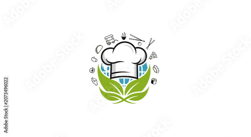 A professional chef hat icon with various food items around it