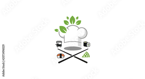 A minimalist chef hat logo design with various food icons included