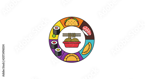 A colorful circular graphic displays various international food items