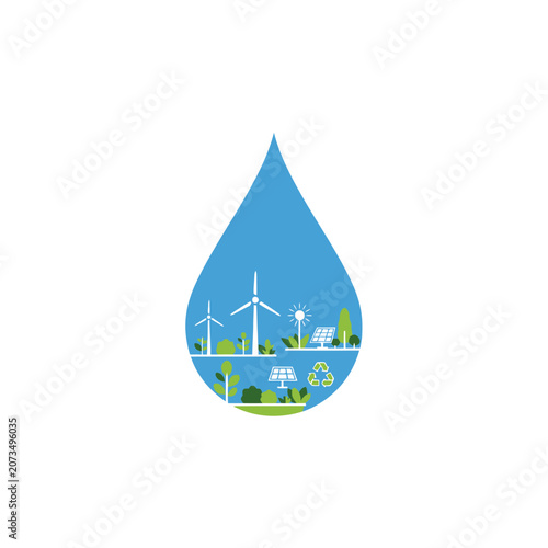 A blue water drop icon containing green renewable energy symbols