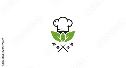 A minimalist logo featuring a chef hat and fresh green leaves