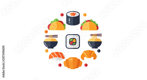 A circular arrangement of various colorful food icons on white