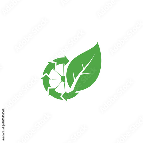 A green leaf icon integrated with a circular recycling arrow symbol