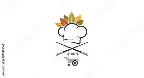 A minimalist logo design featuring a chef hat and food cart