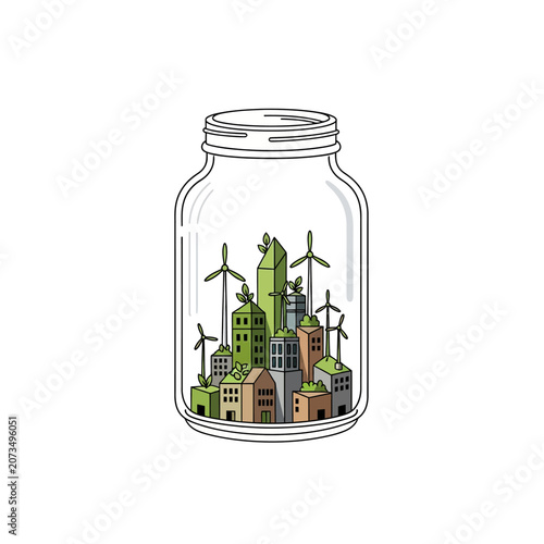 A small eco friendly city is contained inside a glass jar
