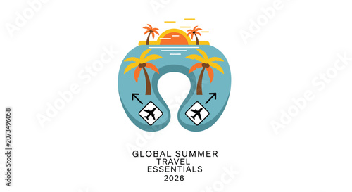 A colorful travel pillow illustration for summer vacation trips