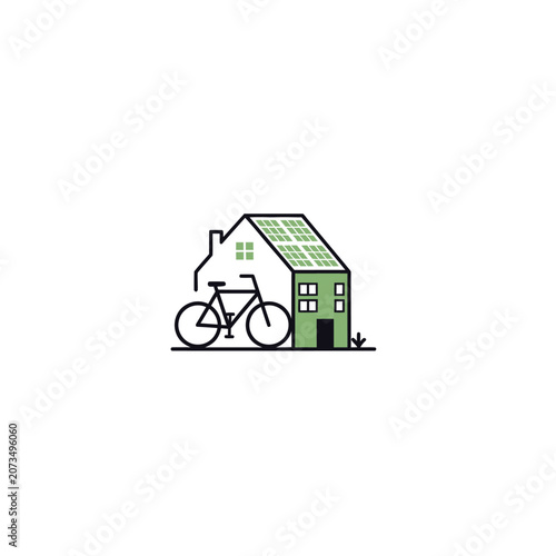 A simple icon showing a house with solar panels and a bicycle