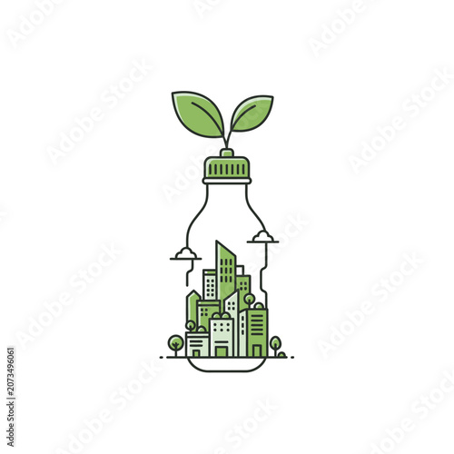 A green city is growing inside a clear plastic bottle icon
