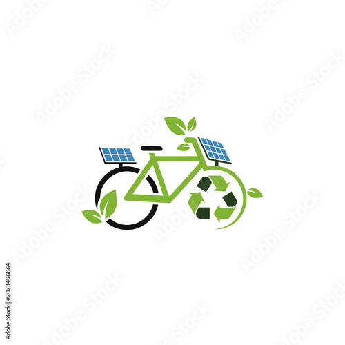 A green bicycle icon with solar panels and recycling symbols