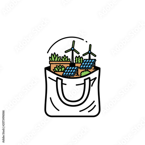 A cloth bag filled with green energy icons and small plants
