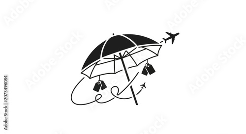 A black and white icon showing travel insurance and flight plans