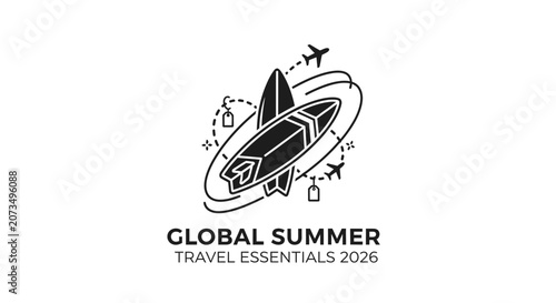 A minimalist black icon showing surfboards and travel flight paths