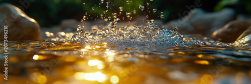 Captivating close-up of refreshing water splashing vigorously, creating myriad of sparkling droplets and golden reflections on surface of sunlit stream.