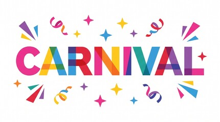Colorful Carnival typography with festive confetti, vibrant rainbow lettering for celebration events, playful party banner on white background