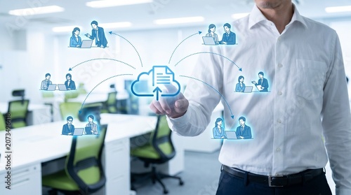 Cloud computing network concept with businessman, digital document sharing icons, global team collaboration in modern office environment