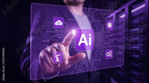 Artificial intelligence interface with glowing purple icons, businessman touching digital AI screen in data center, futuristic machine learning technology